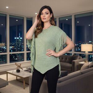 Light green seafoam mint tunic fringe sweater top